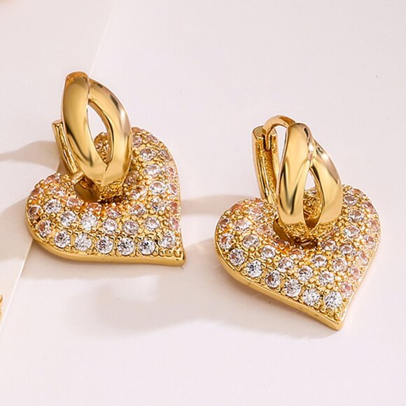 3/$35 18K Gold Plated Copper Heart Drop Dangle Earrings Cubic Zirconia - Picture 7 of 7